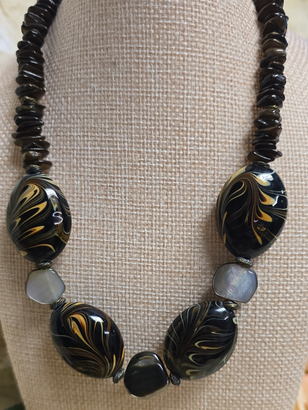 Black, Brown, Cream and Gold Swirl Art Glass Beads, Stone Chips Necklace